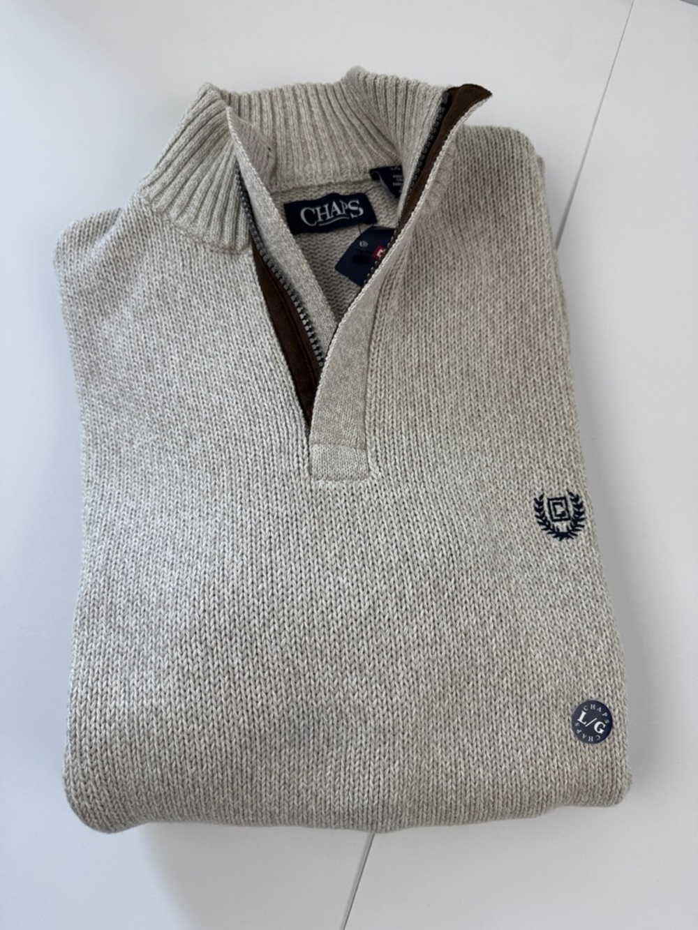 Chaps Men’s Half-Zip Sweater in Light Gray with Navy Embroidery